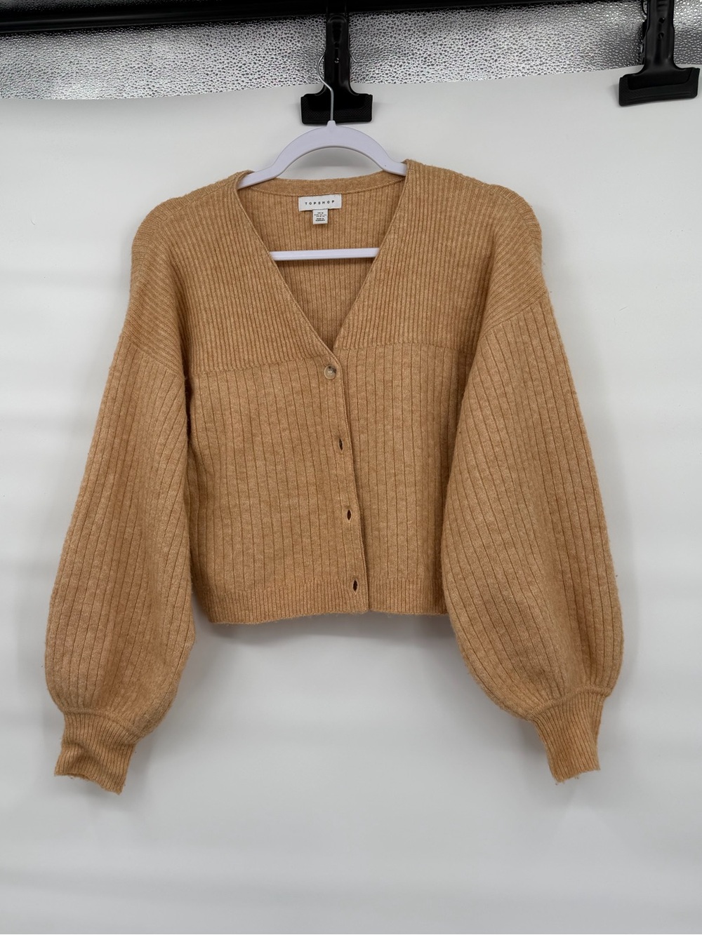 Topshop camel bubble sleeve polyester wool blend cardigan